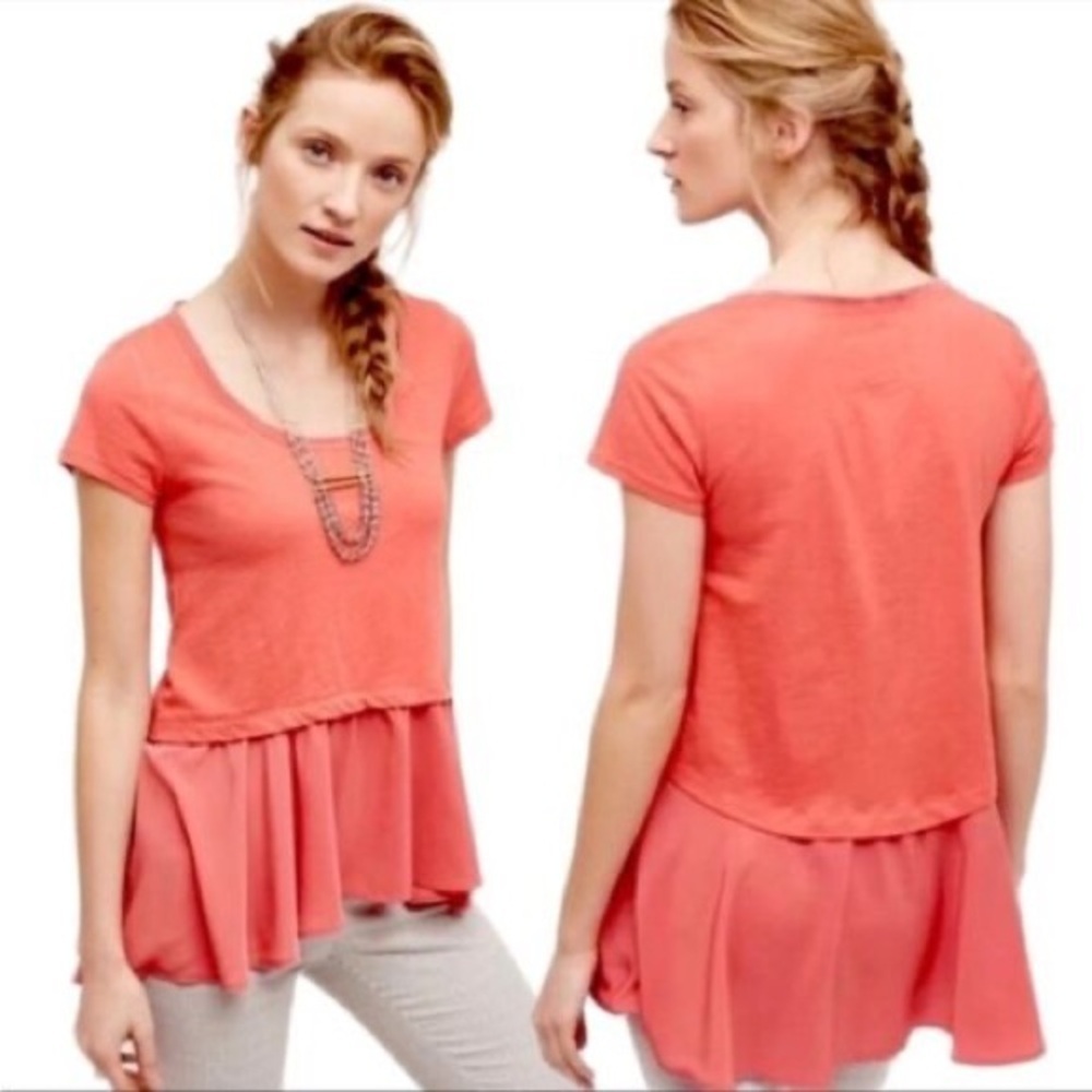Anthropologie Postmark West End Peplum Tunic Tee High-low Top Solid in Coral